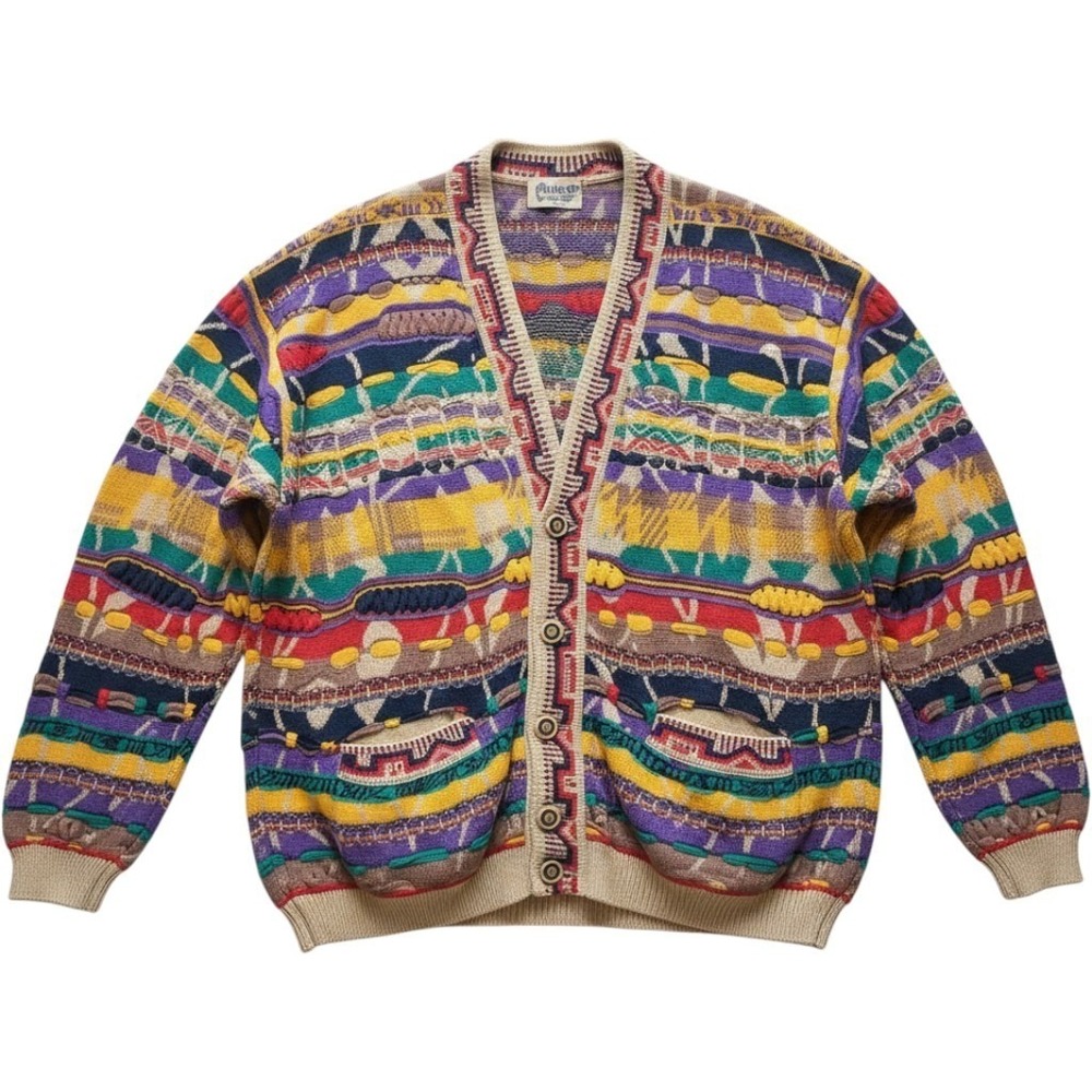 VTG Rare 90s COOGI Australia 3D Knit Cardigan Sweater Medium Mercerized Cotton M
